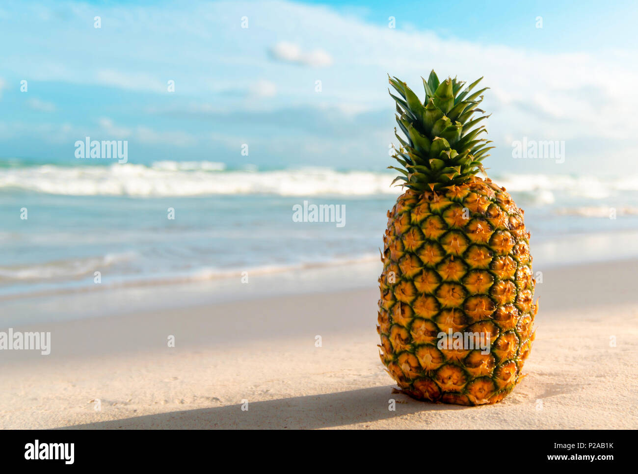 Ananas auf den Strand und das Meer im Hintergrund Stockfoto