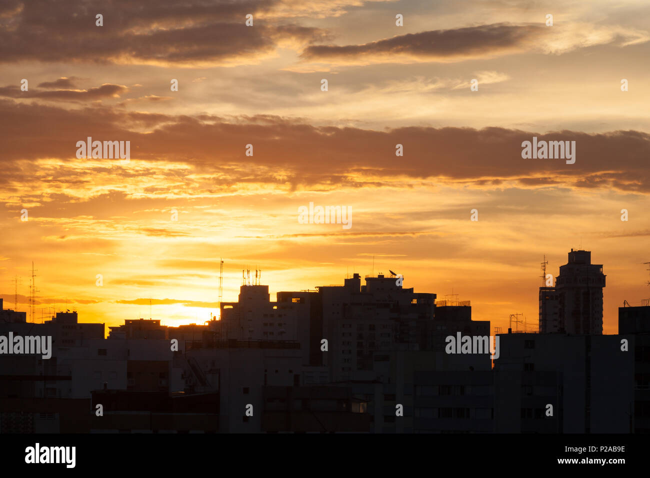 Silhouetten von Gebäuden in der Dämmerung in São Paulo. Stockfoto