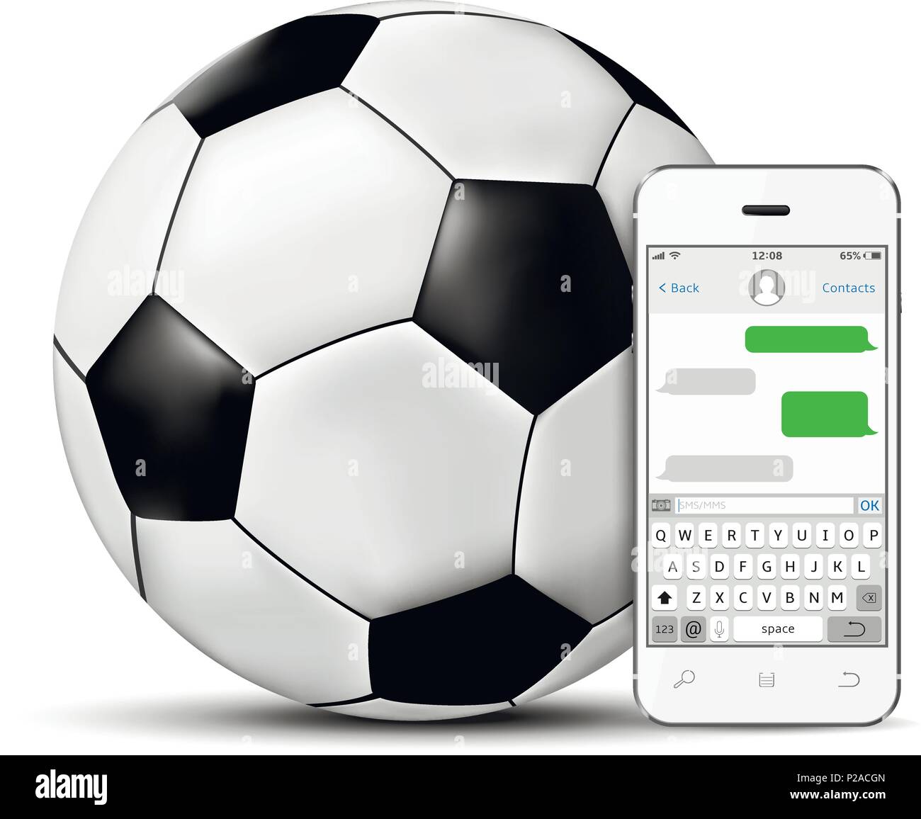 Fußball und Smartphone mit Chatten sms-app Vorlage. Auf weissem Hintergrund. Vector EPS 10. Stock Vektor