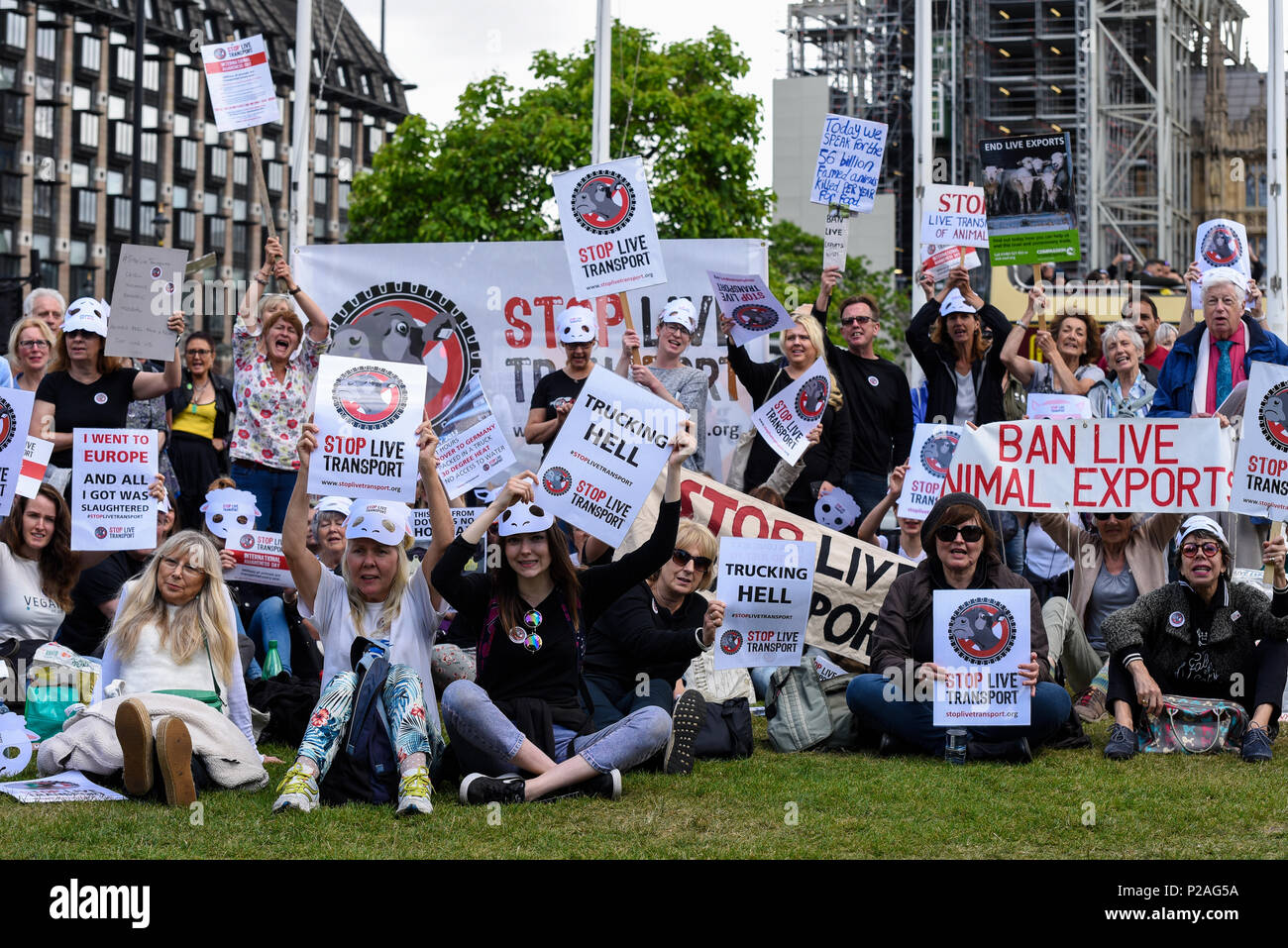 Eine Rallye statt protestieren am Leben Transport von Tieren, insbesondere von lebenden Ausfuhren aus dem Vereinigten Königreich. Menschen mit Plakaten Stockfoto