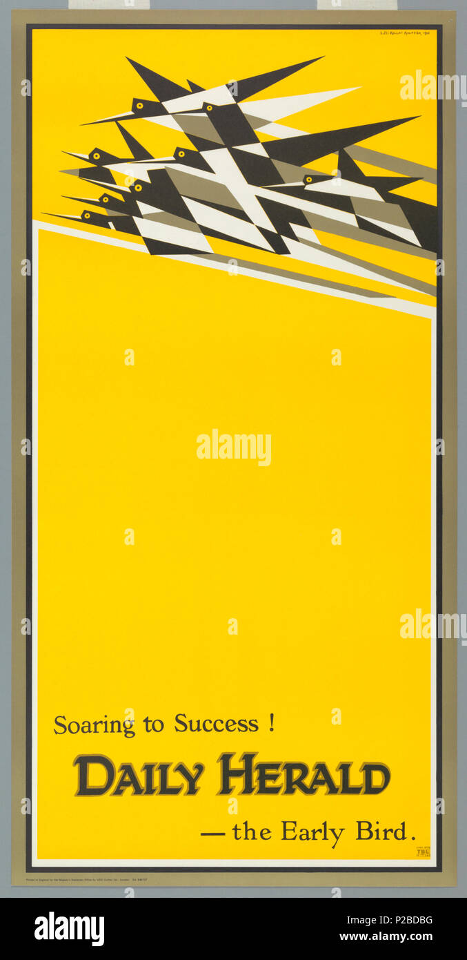 . Englisch: Poster, Variante des Poster: HOCHFLIEGENDE zum Erfolg: Der frühe Vogel, 1918. Englisch: Auf einem hellen Gelb, Schwarz, Weiß und Grau origami - wie die Gruppe der Vögel über dem oberen fliegen. Text in Schwarz: HOCHFLIEGENDE zum Erfolg! /DAILY HERALD--- Der frühe Vogel. . 1918 232 Poster, Variante des Poster - hochfliegende zum Erfolg - Der frühe Vogel, 1918 (CH 18447233-2) Stockfoto