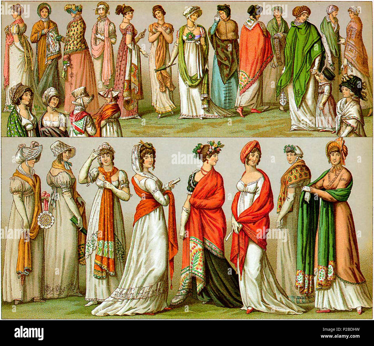 . Eine Lithographie Schild mit einer Vielzahl von Möglichkeiten zu tragen Schals im frühen 19. Jahrhundert Frankreich (Ca. 1802-1814); neu gezeichnet von verschiedenen aus dem frühen 19. Jahrhundert Quellen von Durin für Albert Charles Auguste Racinet's Le Costume Historique (1888). Racinet Lebte 1825-1893. 1888, im frühen 19. Jahrhundert Quellen basiert. Durin 275 Racinet - Regency - Empire - Schals-1888 Stockfoto