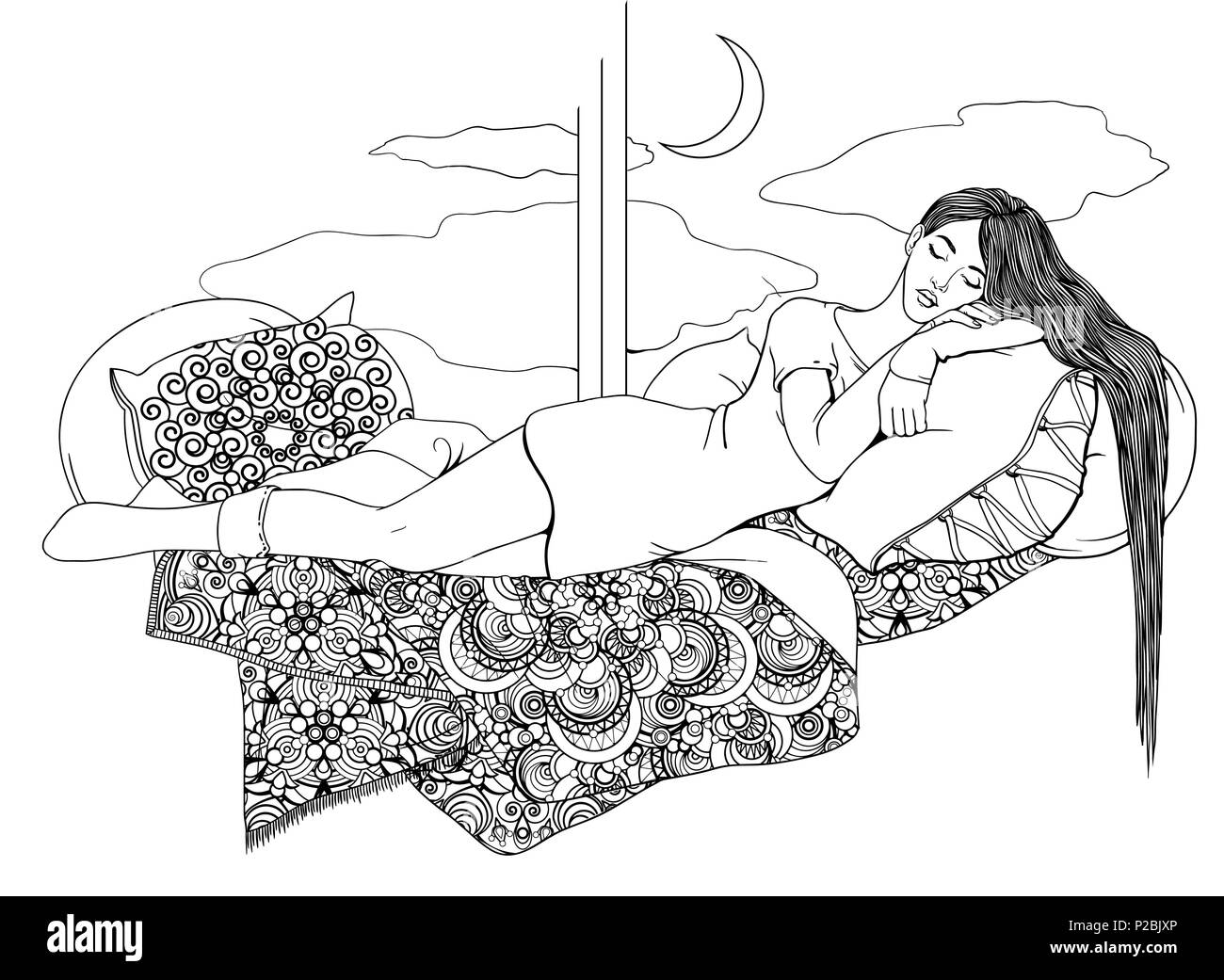 Ein junges Mädchen mit langen Haaren schläft auf gemusterten Bettdecken und Kissen Stock Vektor
