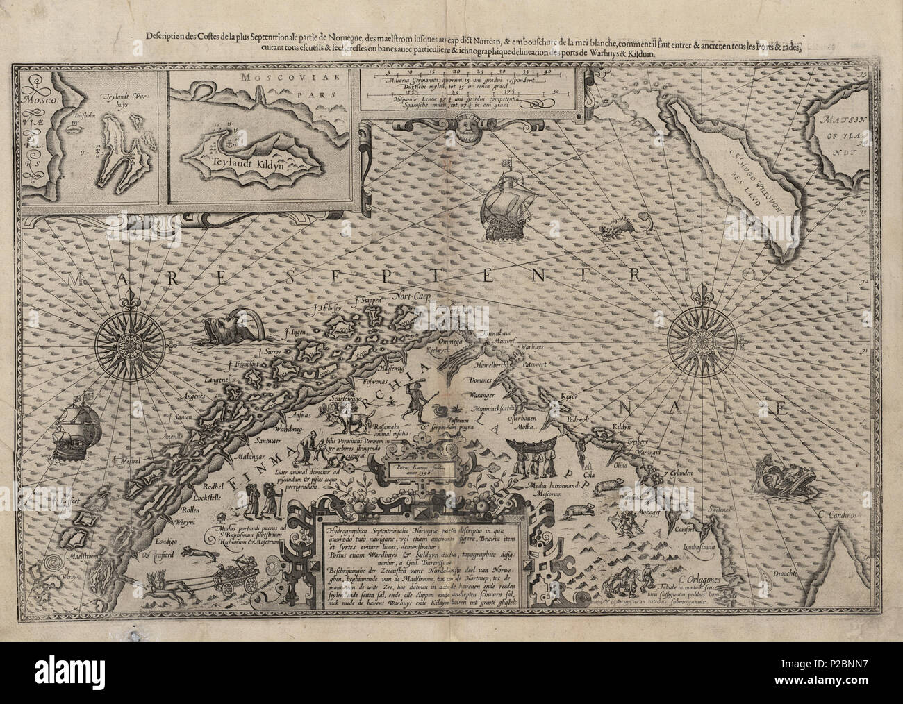 . Norsk Bokmål: Kart fra Nasjonalbibliotekets kartsamling. Er Kartet gitt ut i (1605 [1596]) og viser Finnmark. Deutsch: Karte Nordnorwegens mit vergrößerten Ausschnitten von Vardø und kildin von Willem Barents. Waghenaer: Den Nieuwen Spieghel der Zeevaert, 1596. Vor 1605 [1596]. Waghenaer, Lucas Janszoon 125 Finnmark-no-nb krt 00728 Stockfoto