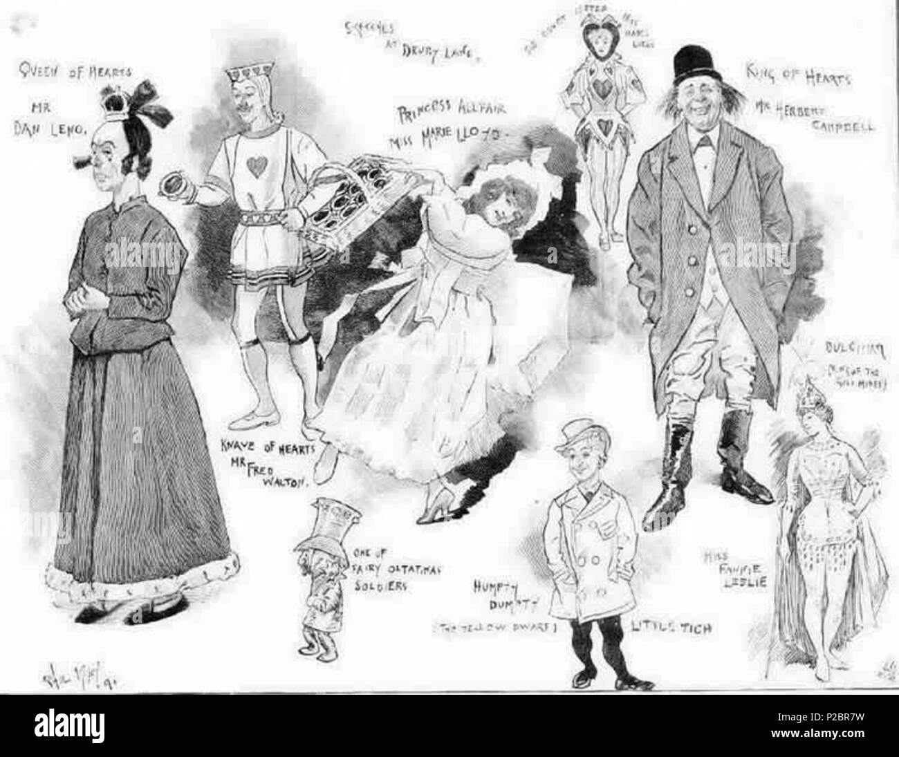 . Englisch: Eine Skizze vom Illustrator Phil Mai 1891 von verschiedenen Pantomime Zeichen im Theatre Royal, Drury Lane. 12 Februar 2013, 22:54:46. Phil (22. April 1864 - 5. August 1903) 293 Skizzen aus der Pantomime 1891 im Drury Lane von Phil kann Stockfoto