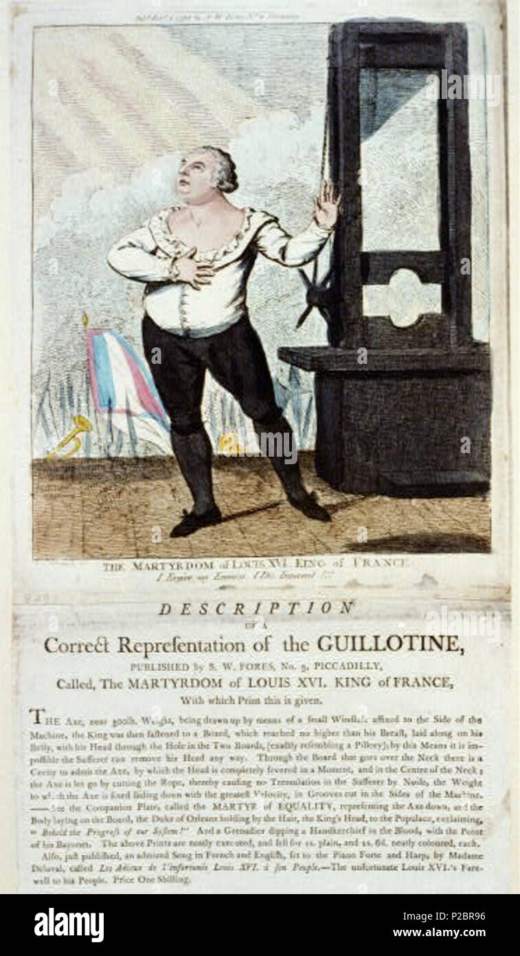 . Die Martydom von Ludwig XVI., König von Frankreich - ich meine Feinde verzeihen, ich sterbe unschuldig!!! . Englisch: Zusammenfassung: Drucken zeigt Louis XVI stehend, mit dramatischer darstellen, neben eine Guillotine. Beschreibung der Mechanik der Guillotine. Thema: British Cartoon Prints Collection. 1793 304 Die Martydom von Ludwig XVI., König von Frankreich - ich meine Feinde verzeihen, ich sterbe unschuldig!!! LCCN 2004671430 Stockfoto
