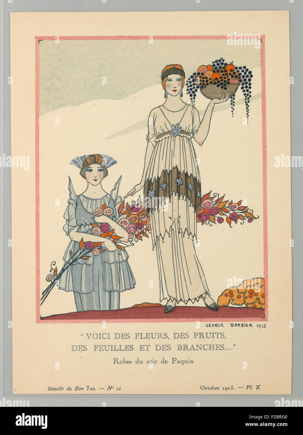 . Englisch: Drucken (Frankreich), 1913. Englisch: Die Bildunterschrift lautet: "VOICI DES FLEURS, DES FRÜCHTE, DES FEUILLES ET DES ZWEIGE… "Robe Du Soir de Paquin. Zentrum Frau steht in einem mehrstufigen weiß Grecian Kleid mit blauem floralen Akzenten und hängenden Perlen und passendem stirnband. In ihrer linken Hand hält sie eine Schale mit ausgesuchten Früchten. Links unten, Frau in Hellblau tiered Kleid mit winged Schulterstück und passendem stirnband hält einen großen Blumenstrauß. . 1913 261 Drucken (Frankreich), 1913 (CH) 18614923 Stockfoto