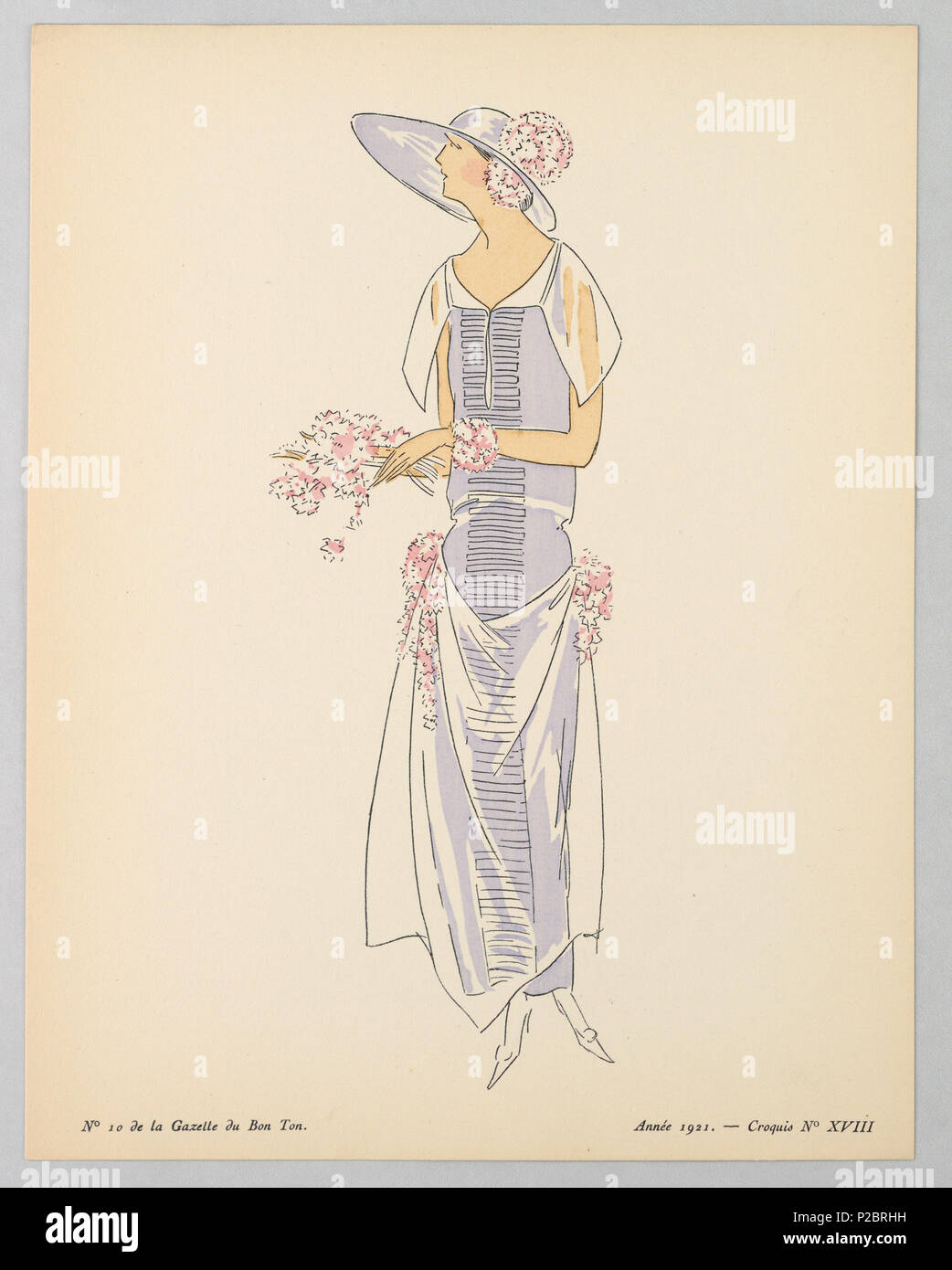 . Englisch: Drucken (Frankreich), 1921. Englisch: Zentrum Frau posiert im Lavendel tag Kleid mit weißen Schiere sleves und Rock Stück. Ihr lavendel Hut mit breiter Krempe dekoriert ist mit Büscheln kleiner rosa Blumen, die Blumen in der Hand auf ihr Mieder, und auf ihren Hüften. . 1921 261 Drucken (Frankreich), 1921 (CH) 18614965 Stockfoto