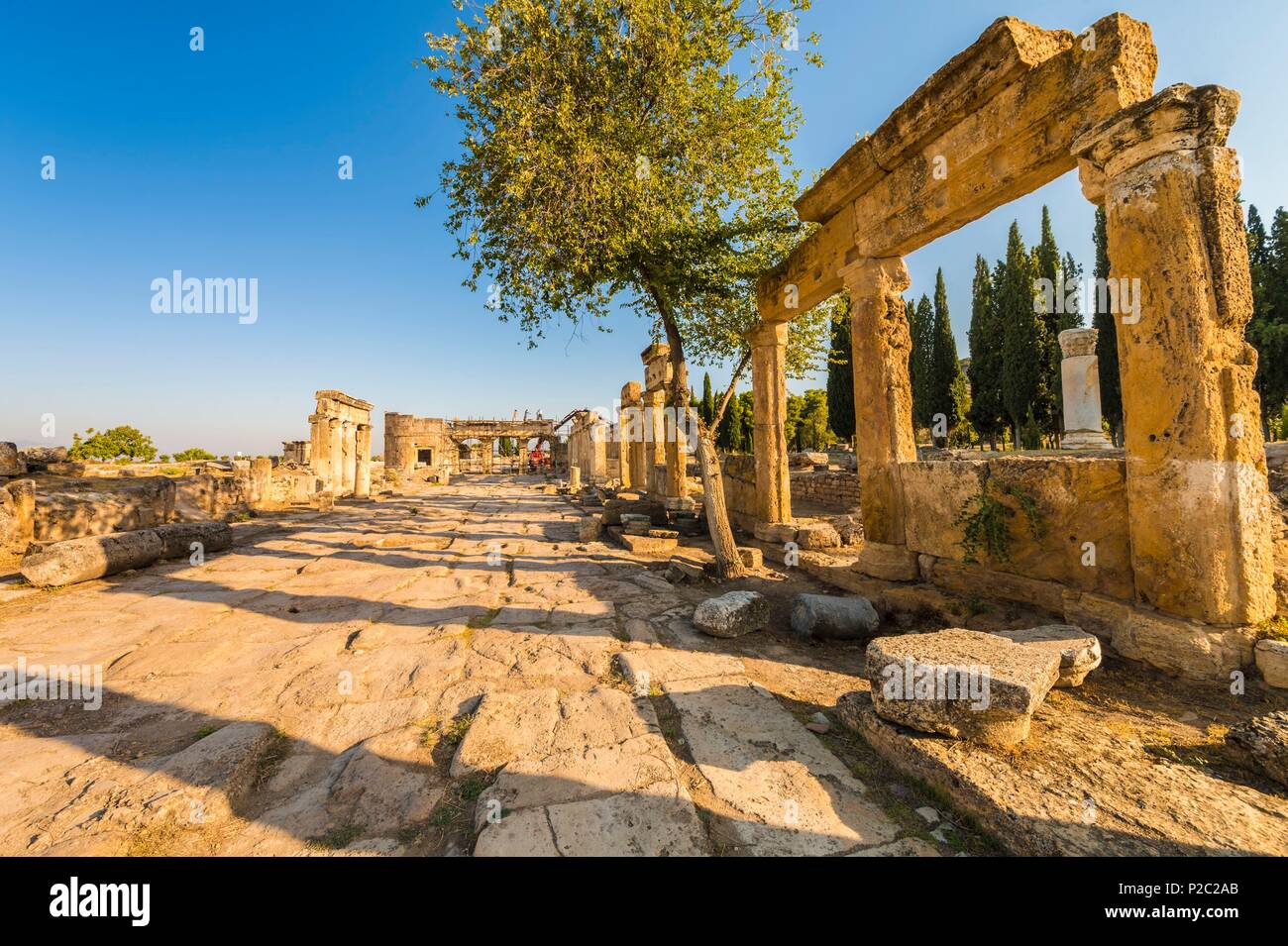 Türkei, Ägäische Region, Provinz Denizli, der antiken Stadt Hierapolis auf den Höhen von Pamukkale (Baumwolle), die beide zum Weltkulturerbe der UNESCO gehört, hier der Hauptstraße (platia), 14 Meter breit, gepflastert und Bürgersteige, in deren Zentrum das Entleerungsventil, an den Seiten sind Häuser, Geschäfte und Lagerhallen, Unified durch einen 170 Meter langen Travertin Fassade, eine Reihe von Gebäuden von späten Datum (5.-6. Jh. nach Chr.) dringt die Fahrbahn, die in diesem Zeitraum acht Meter in der Breite reduziert, einen dicken Kalkstein Kaution (ca. 2 Meter dick), durch den Abfluss von Wasser geformt, die Oberfläche der Straße. Stockfoto