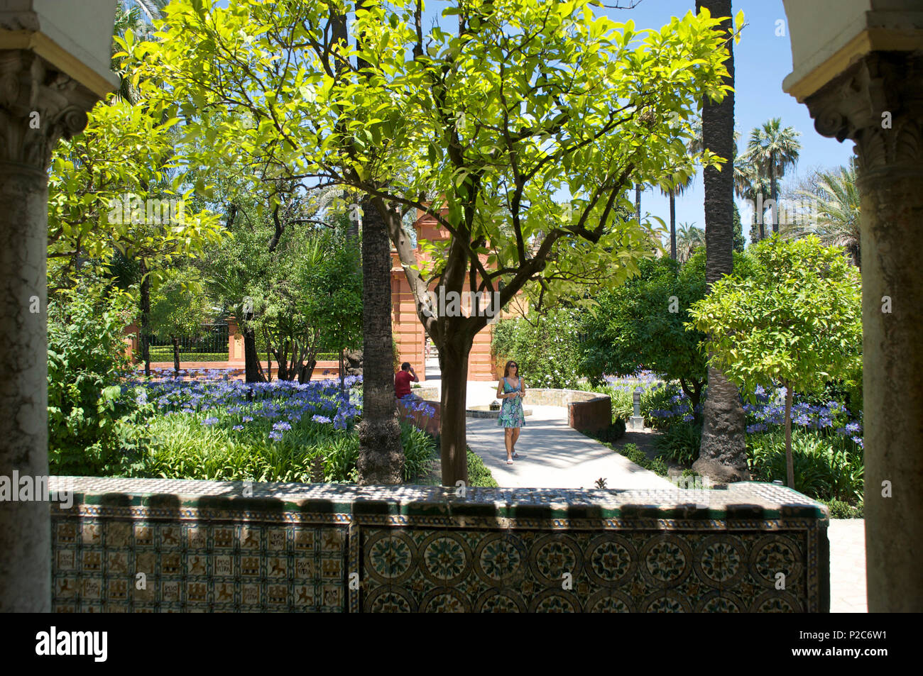 Maurische Garten im Alcazar, Spanische Fliesen, Sevilla, Andalusien, Spanien, Europa Stockfoto