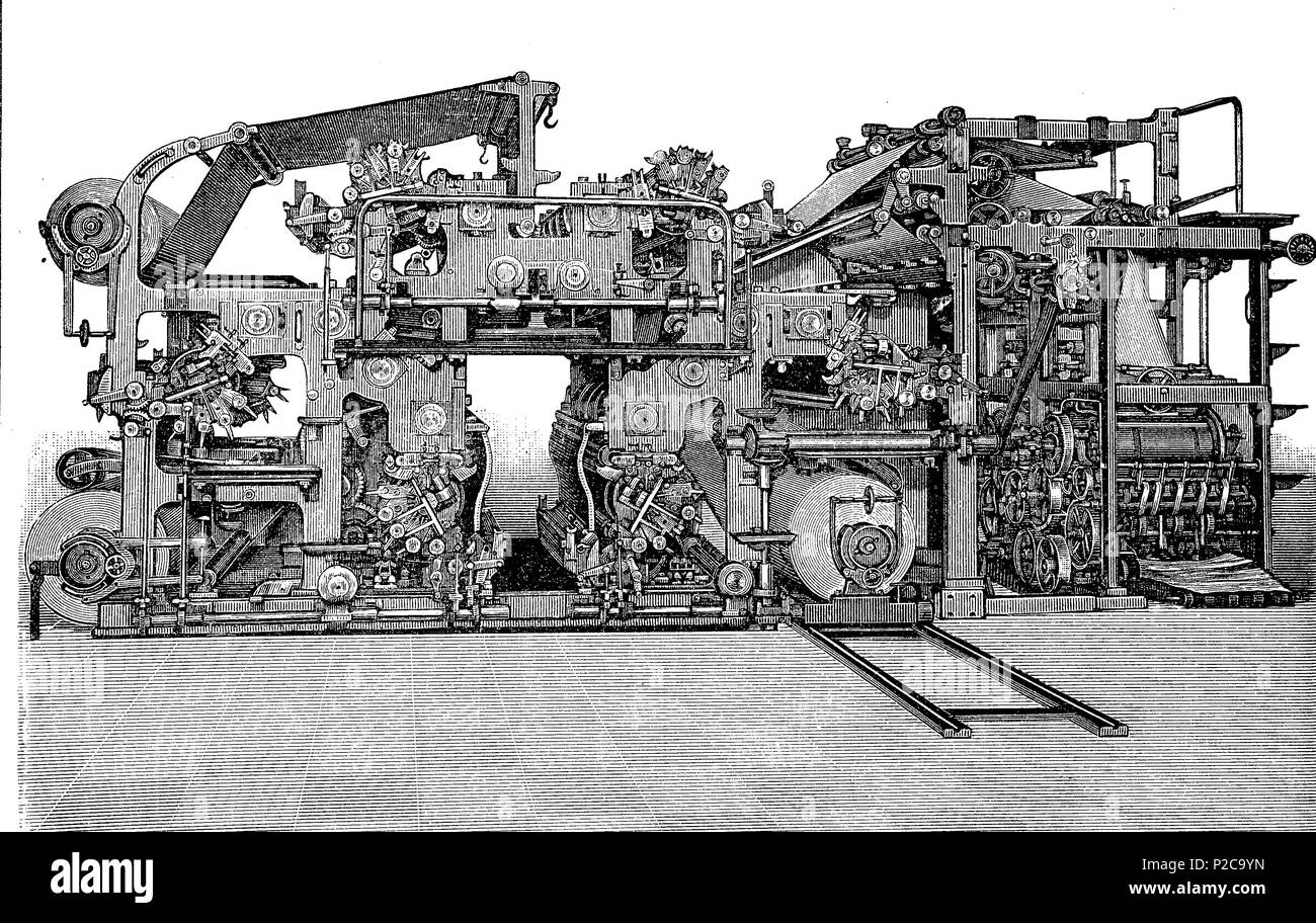 Sechs-zylinder Rotationspresse aus den 1880er Jahren, zur digitalen Reproduktion von einem ursprünglichen Drucken aus dem 19. Jahrhundert verbessert, 1881 Stockfoto