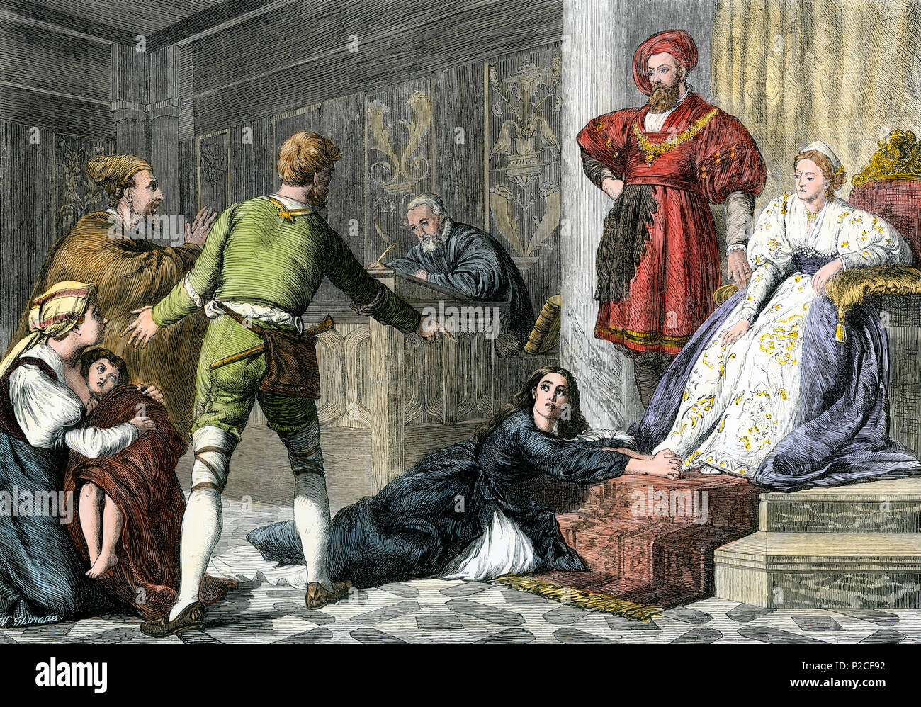 Der Jude Tochter der Hexerei beschuldigt, im Mittelalter. Hand - farbige Holzschnitt Stockfoto