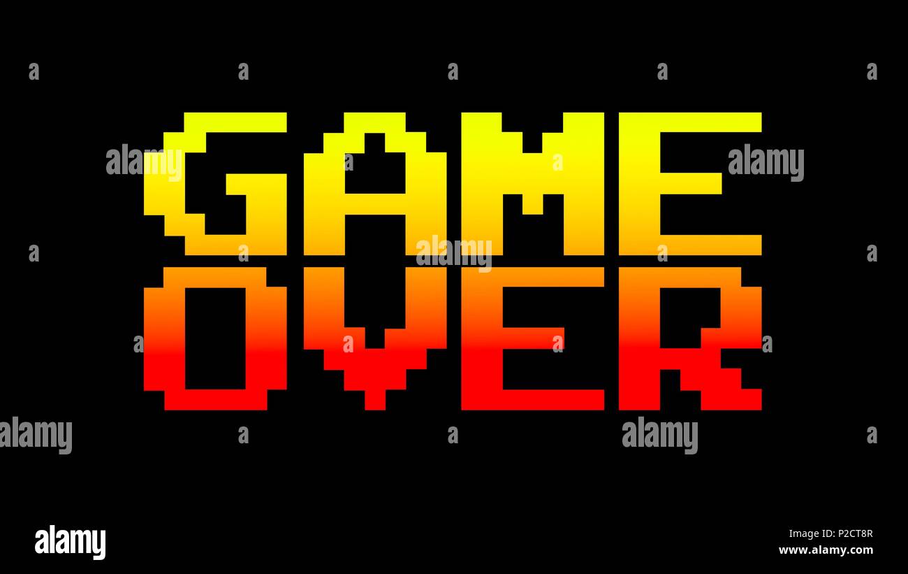 Funky farbenfrohe Game over Bildschirm. 8 Bit Retro Stil, Rot und Gelb. Stockfoto