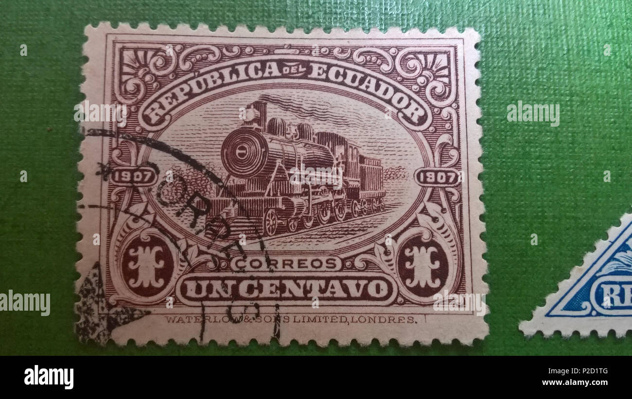 . Español: Estampilla ecuatoriana de 1 centavos con locomotora en la Serie de estampillas del Ferrocarril de Quito eine Guayaquil. 1907. 2 August 2016, 10:51:54. Computerwoche del Ecuador 18 Estampilla Ferrocarril Ecuador 1907 Stockfoto