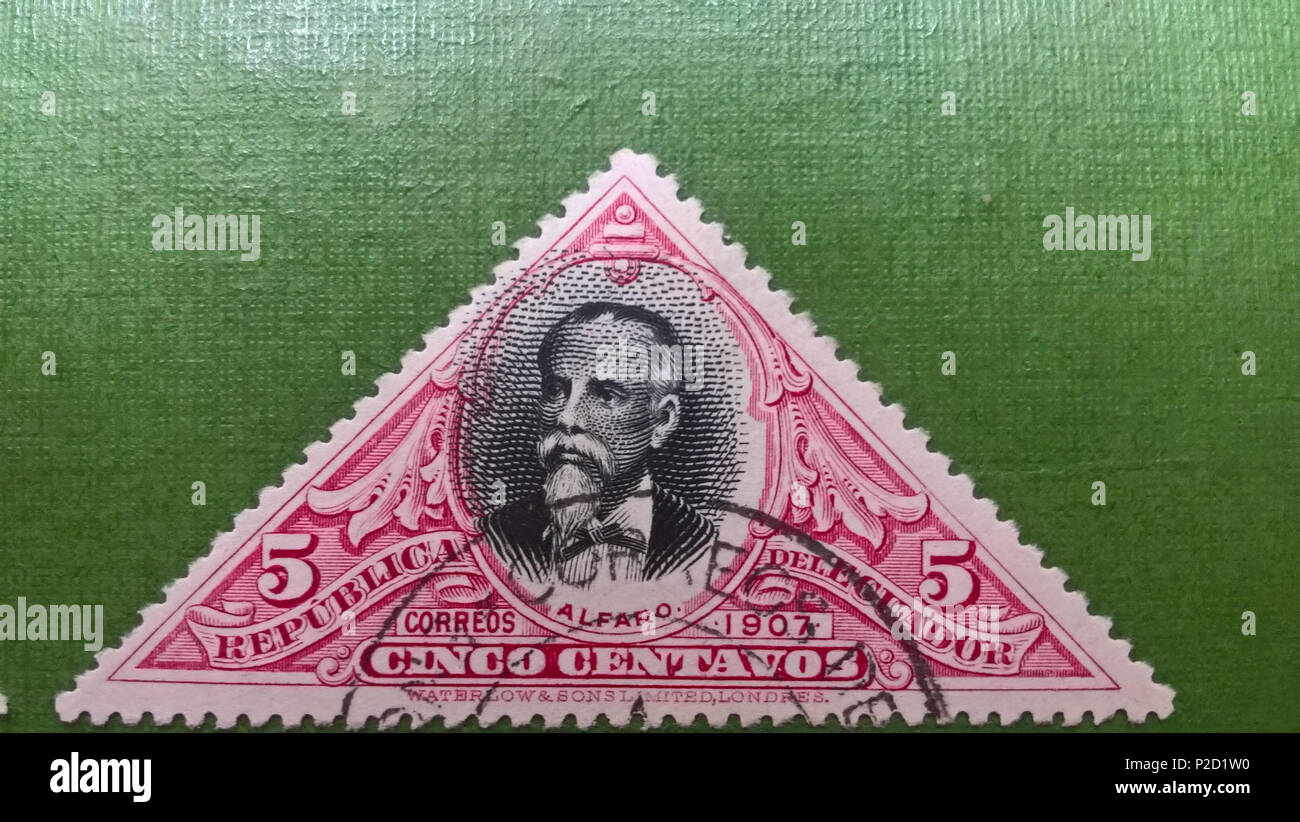 . Español: Estampilla ecuatoriana de 5 centavos en Ehre ein Don Eloy Alfaro en la Serie de estampillas del Ferrocarril de Quito eine Guayaquil. 1907. 2 August 2016, 10:54:43. Computerwoche del Ecuador 18 Eloy Alfaro Estampilla 2 Stockfoto