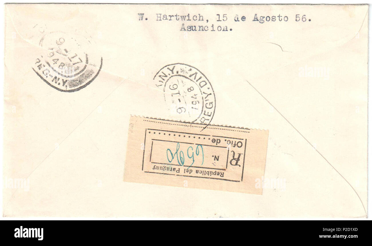 . Englisch: Paraguay 1948-09-11 Reverse der registrierten ersten Tag Luftpostbrief in New York. Frankiert mit set Sc. C 176 - C 177. 11. September 1948. Post von Paraguay Paraguay 40 1948-09-11 Luftpostbrief rückwärts Stockfoto