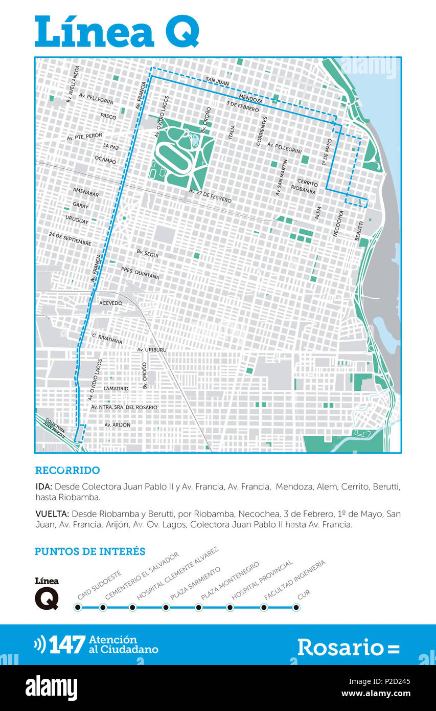 . Español: Mapa con el recorrido de La Linea Q de trolebuses De Rosario. 12 Juli 2017, 10:30:10. Movilidad Rosario 33 Mapa linea Q Stockfoto