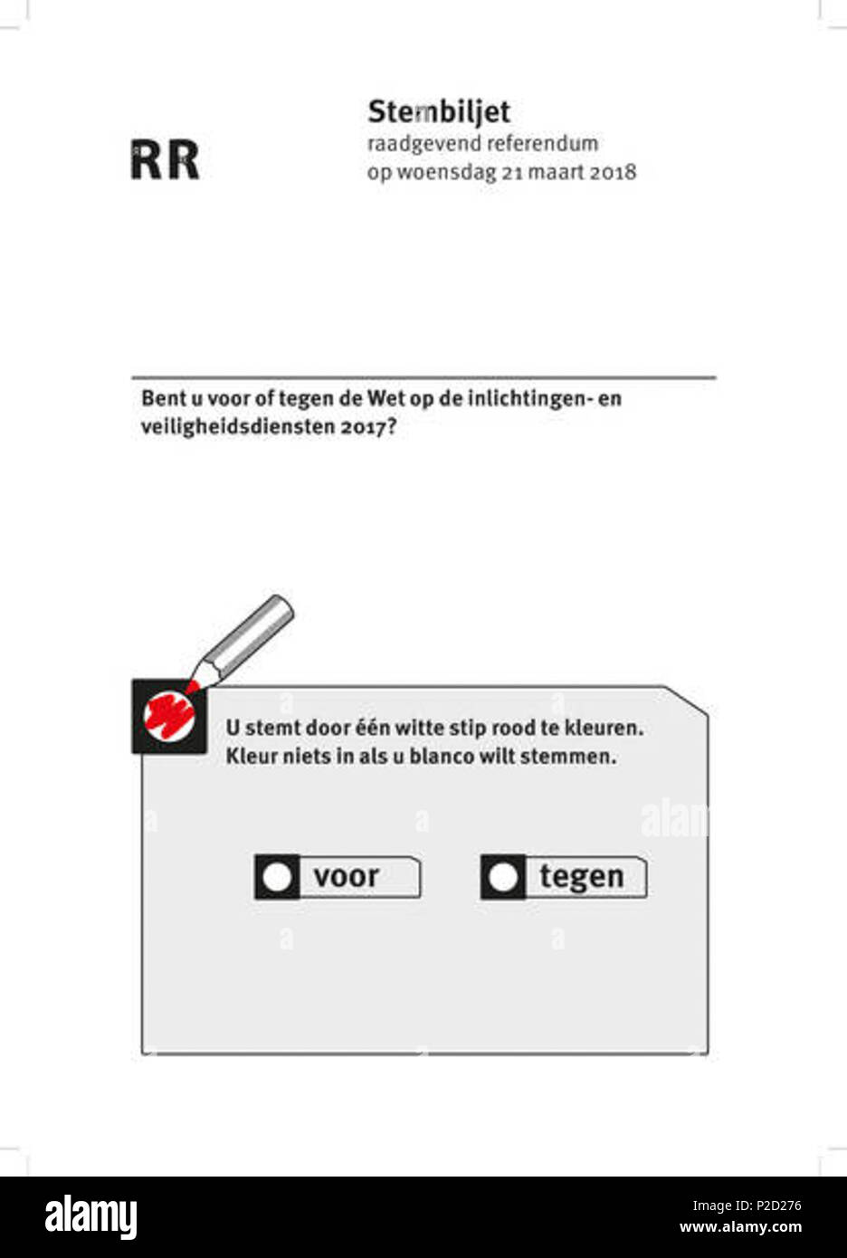 . English: Wahlzettel (stembiljet) zum Referendum in den Niederlanden über das Gesetz über die Nachrichten- und Sicherheitsdienste 2017 Nederlands: Stembiljet voor het Nederlands Referendum über De Wet op de inlichtingen- en veiligheidsdiensten 2017. 21. März 2018. 60 Rijksoverheid Stembiljet - Referendum - wiv-1 Stockfoto
