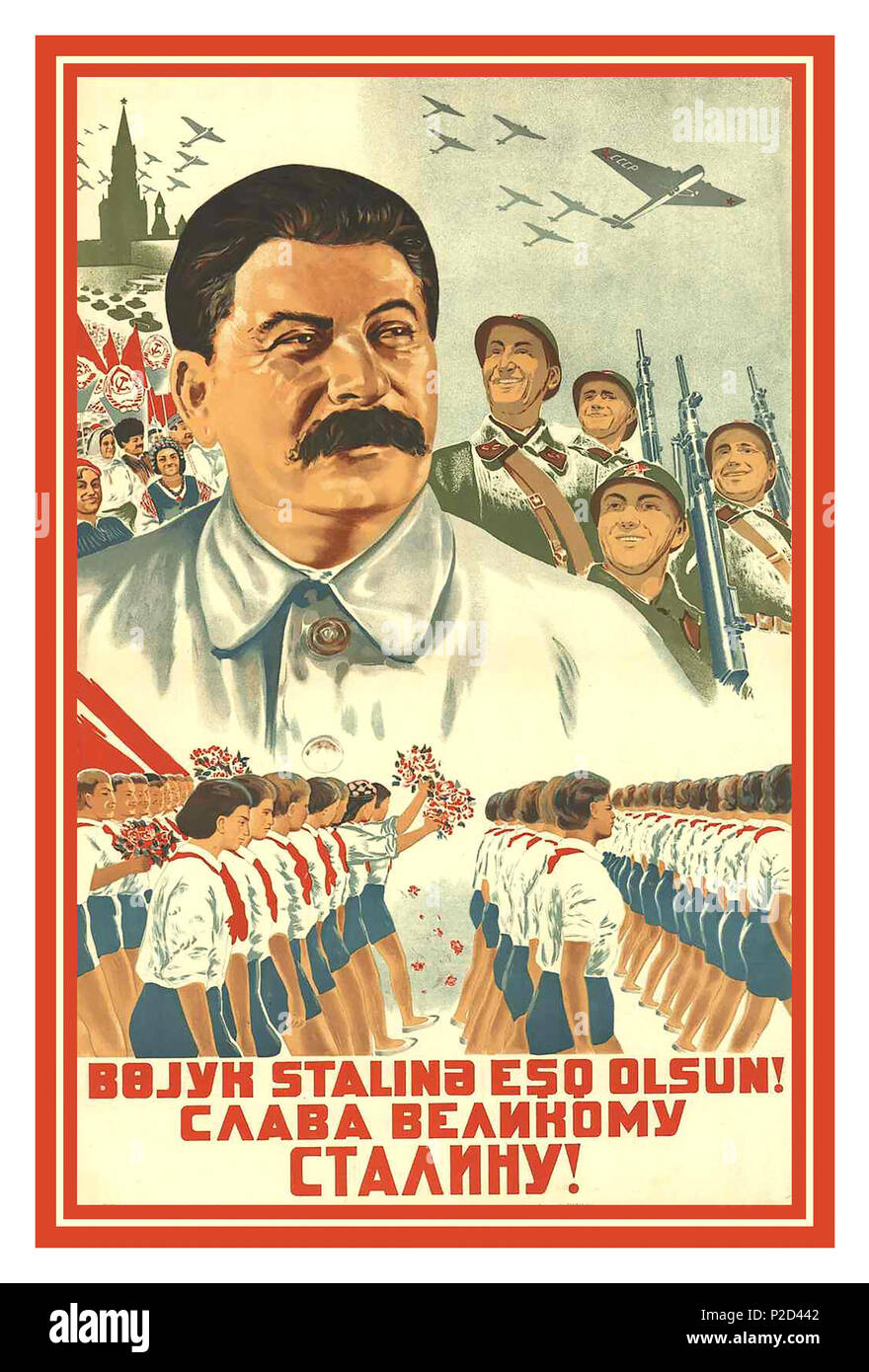 Vintage sowjetischen Aserbaidschan 1938 Propaganda UDSSR Poster. "Gegrüßet seist Du, der große Stalin' mit Stalin als überlebensgroße Führer einer enormen, Unified empire gezeigt. Die soldaten Form in ihren Reihen, schwenkten die Sowjetische Flagge. Kampfjets Flug im Hintergrund. Das Regime ist Allmächtig, Stalin ist der Architekt. Udssr 1930 Stockfoto