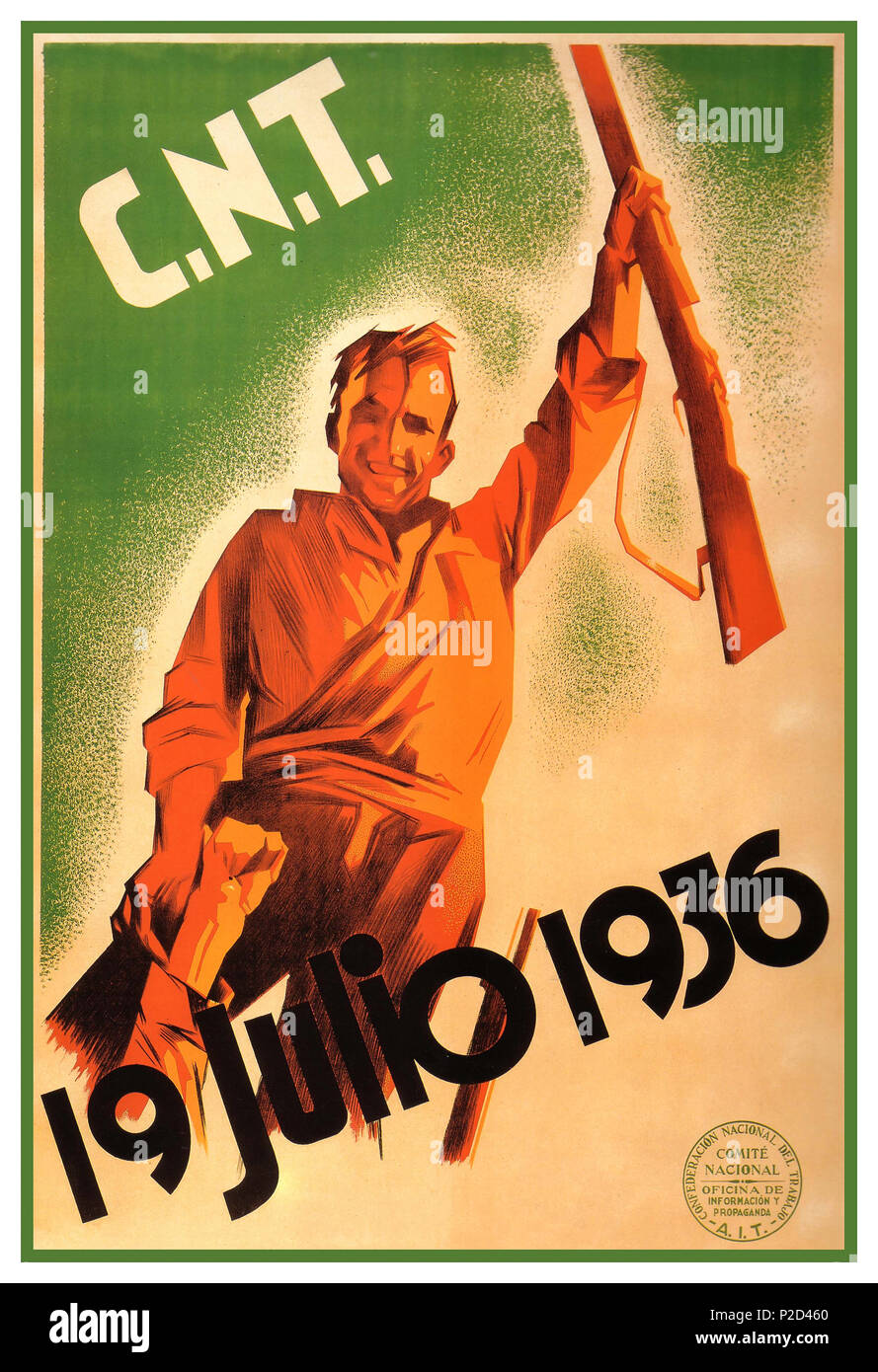 Jahrgang 1930 CNT Propaganda Spanisch Poster Juli 19, 1936 markiert den 79. Jahrestag der Beginn der Spanischen Revolution, als Anarchisten in Spanien nahm die Waffen gegen die reaktionären spanischen militärischen Kräfte, die versucht haben, in Spanien zu nehmen. Was dann folgte, war ein blutiger Bürgerkrieg und die endgültige Niederlage der spanischen Anarchisten, drei Jahre später, als Ergebnis eines Waffenembargos, kommunistischen Verrat und eine faschistische militärische Maschine von Waffen und militärischen Know-how aus dem nationalsozialistischen Deutschland und dem faschistischen Italien getankt. Confederacion Nacional del Trabajo CNT Spanien Stockfoto