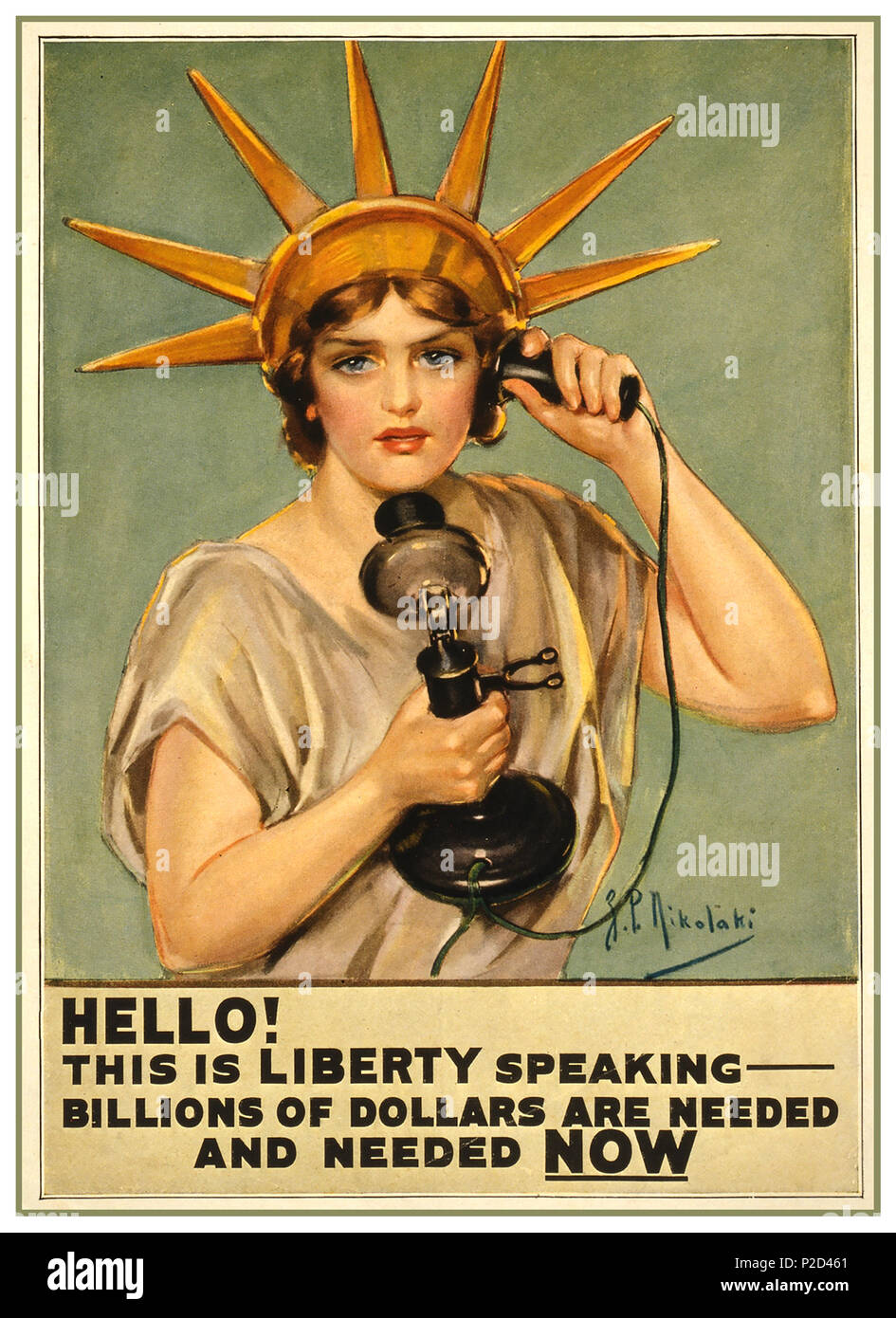 Vintage Propaganda Appeal Appell 1. Weltkrieg Poster, „'Hallo! Hier spricht Liberty - Milliarden von Dollar werden gebraucht und gebraucht", Lady Liberty am Telefon, von Nikolaki, USA, 1918 Stockfoto