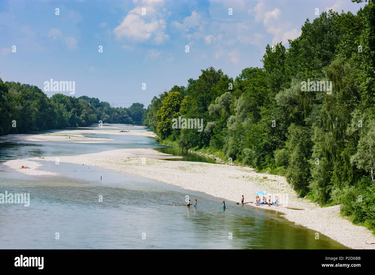 Rehling: Lech, die badegäste an der Sandbank, Sonnenbaden sonnenbaden Schwimmen Menschen in Deutschland, Bayern, Bayern, Schwaben, Schwaben Stockfoto