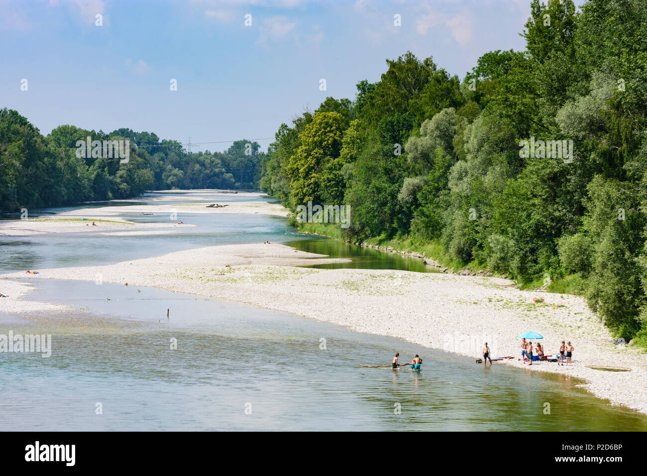 Rehling: Lech, die badegäste an der Sandbank, Sonnenbaden sonnenbaden Schwimmen Menschen in Deutschland, Bayern, Bayern, Schwaben, Schwaben Stockfoto
