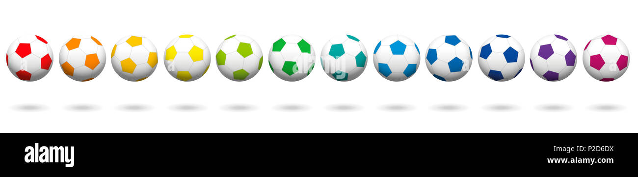 Fußball-Kugeln. Mit den verschiedenen Farben gefüttert. Rainbow farbige dreidimensionale Darstellung auf weißem Hintergrund. Stockfoto