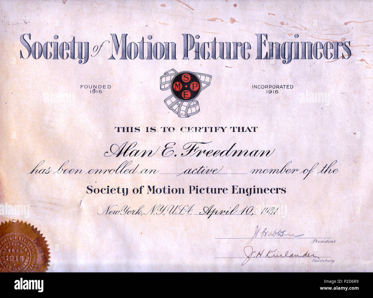 . Englisch: Freedman, Alan E., Bescheinigung der SMPE Mitgliedschaft 1931. April 1931. Gesellschaft der Motion Picture Ingenieure 1 1931 AEF Cert. SMPE Stockfoto