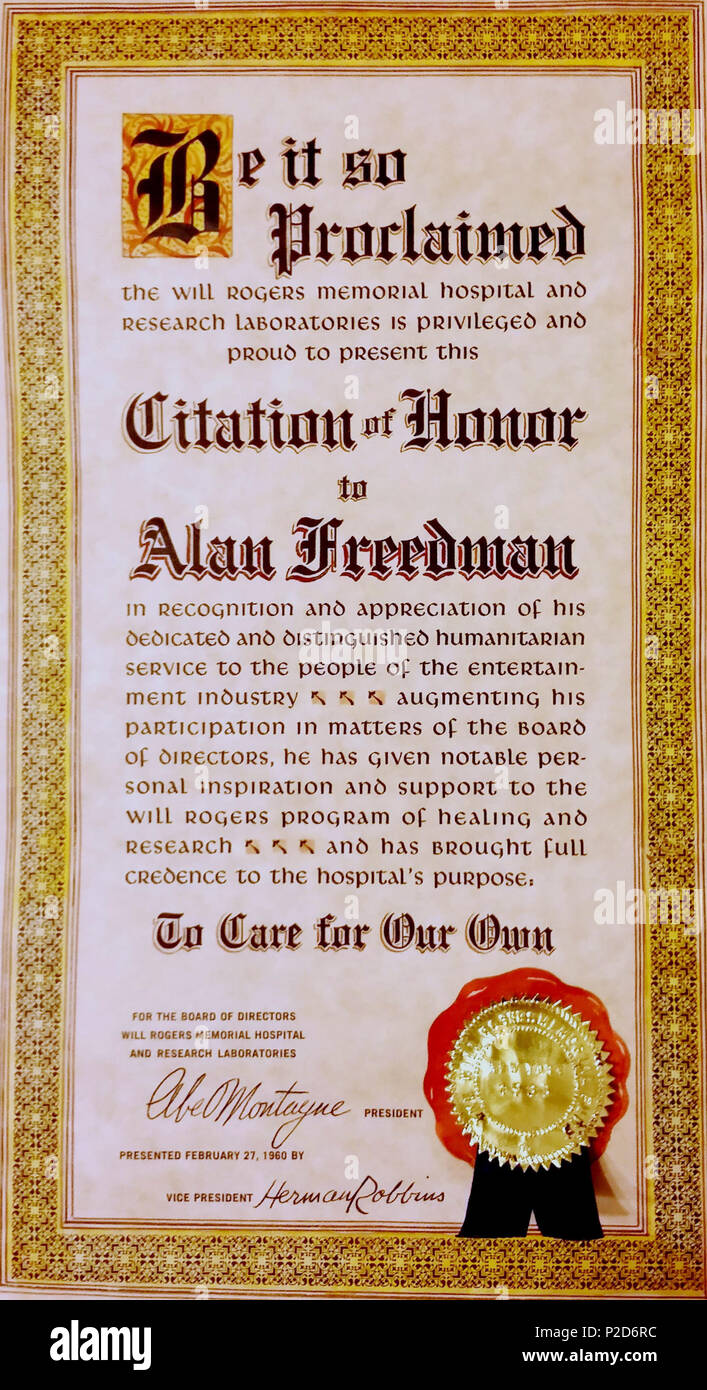 . Englisch: Freedman, Alan E., Will Rogers Memorial Hospital und Research Laboratories Zitat der Ehre 1960. Februar 1960. Der Verwaltungsrat, Will Rogers Memorial Hospital und Research Laboratories 1 1960 AEF Will Rogers Zitat von Ehre Stockfoto