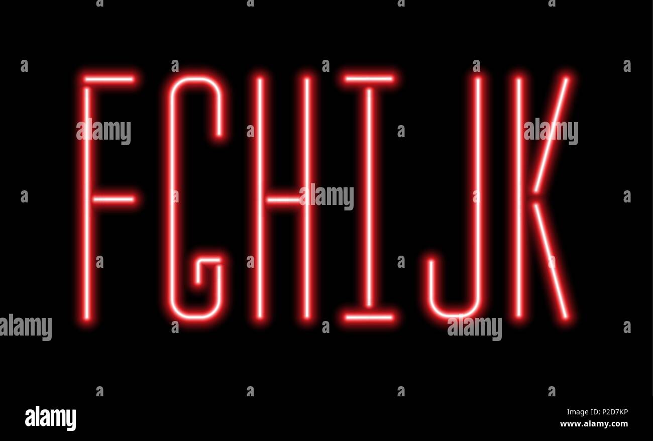 Helles Rot Neon Buchstaben auf schwarzem Hintergrund. Die Buchstaben F, G, H, I, J, K oder Nacht für Nacht Club Show Design. Stock Vektor