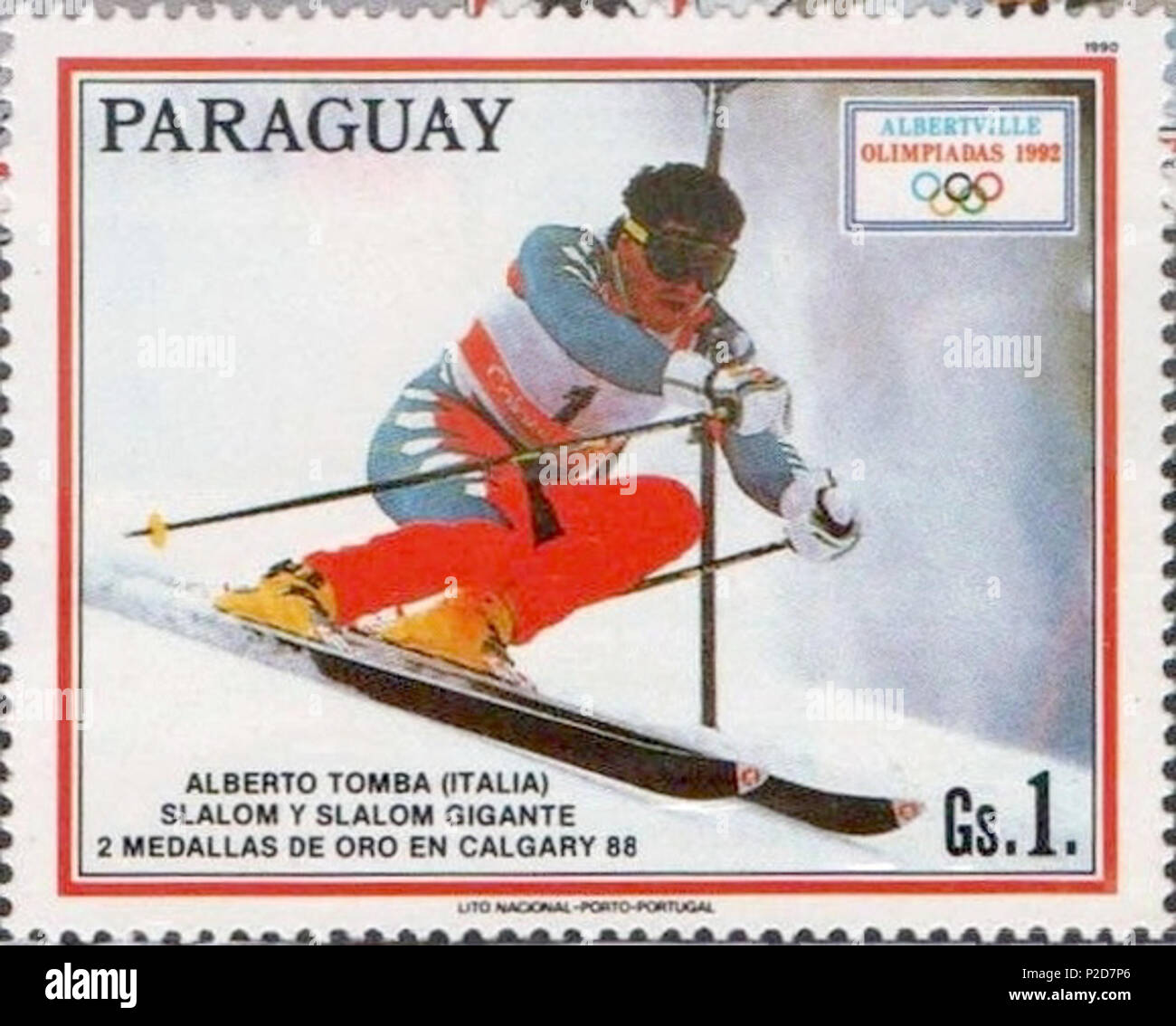 . Alberto Tomba. 1990. Unbekannt 3 Alberto Tomba 1990 Paraguay Stempel Stockfoto