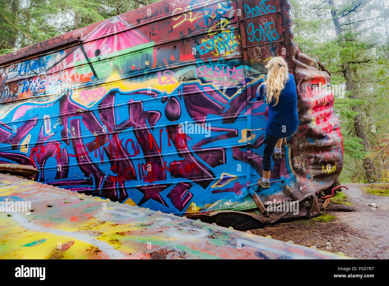 Whistler Zugwrack, Graffiti, twisted Wagen in den Wald in der Nähe des Flusses Cheakamus, Whistler, British Columbia, Kanada verstreut. Stockfoto