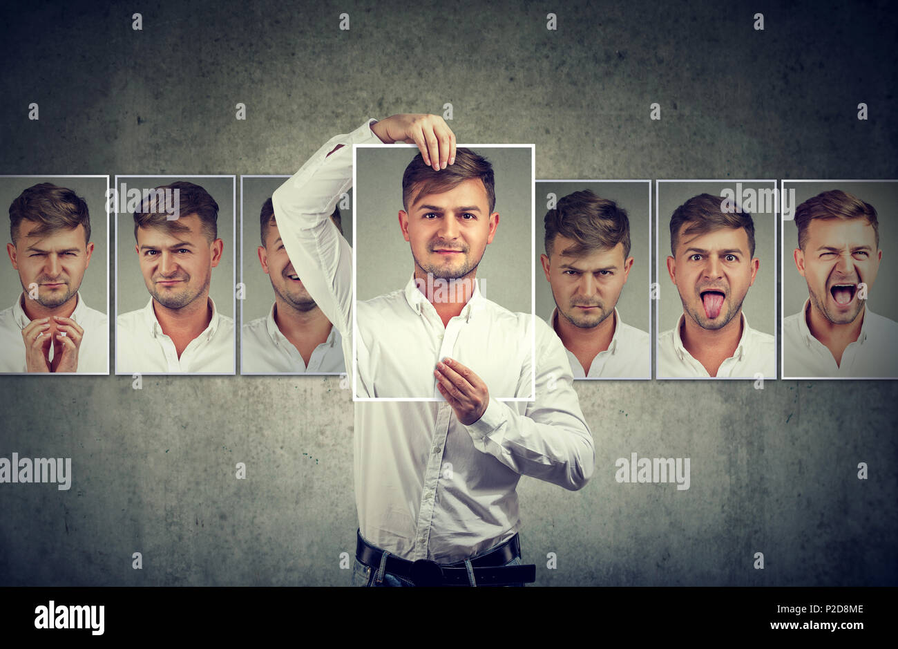 Junger Mann verschiedene Emotionen zum Ausdruck maskiert Stockfoto