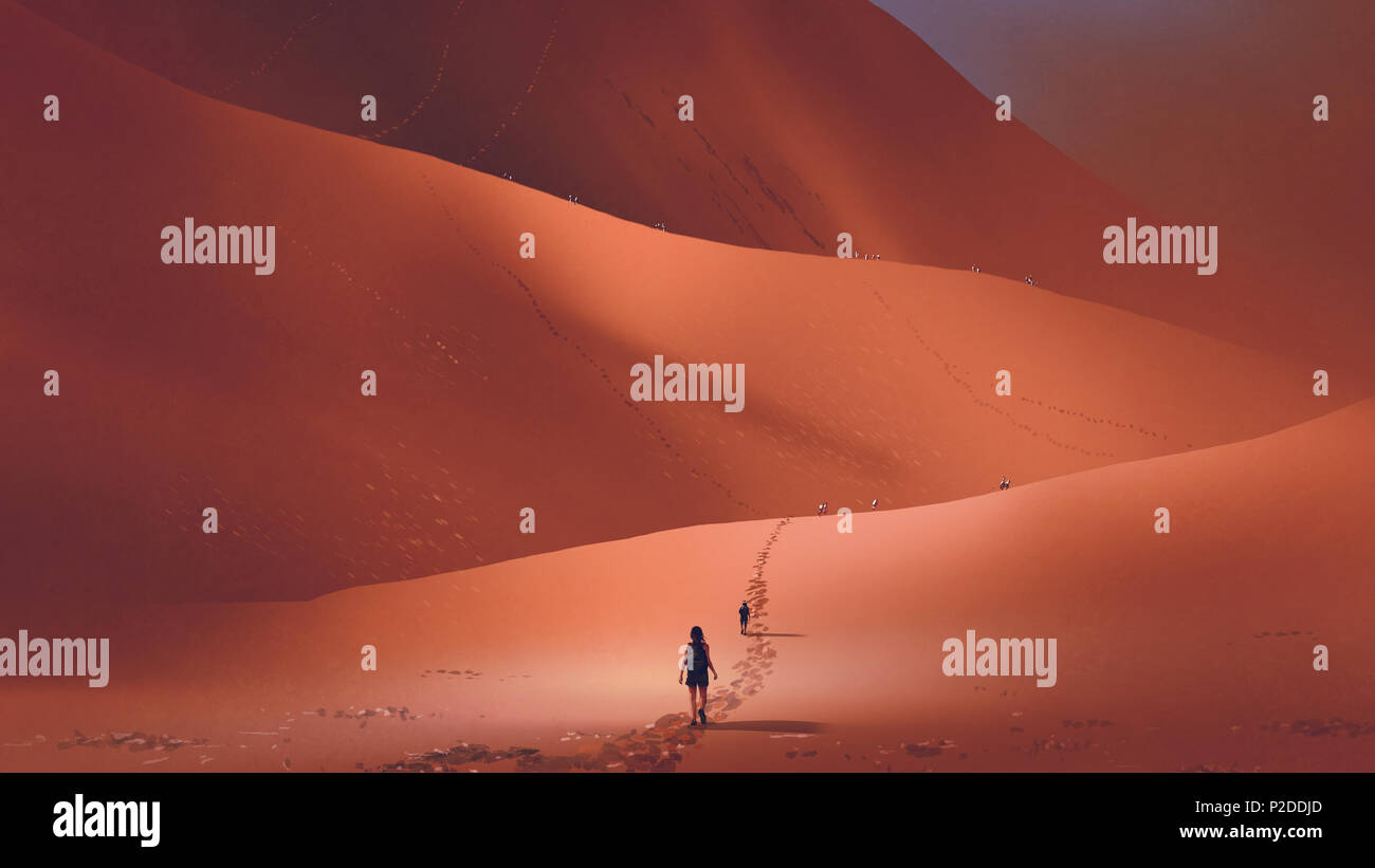 Wanderer Aufstieg bis zum Sand Dune in die Rote Wüste, digital art Stil, Illustration Malerei Stockfoto