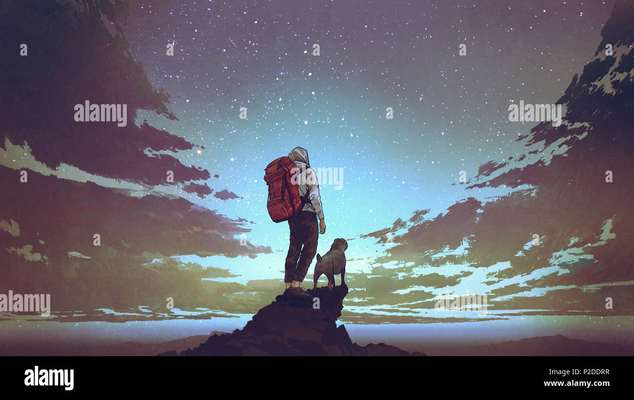 Junge Wanderer mit Rucksack und ein Hund, der auf den Felsen und das Betrachten der Sterne am Nachthimmel, digital art Stil, Illustration Malerei Stockfoto