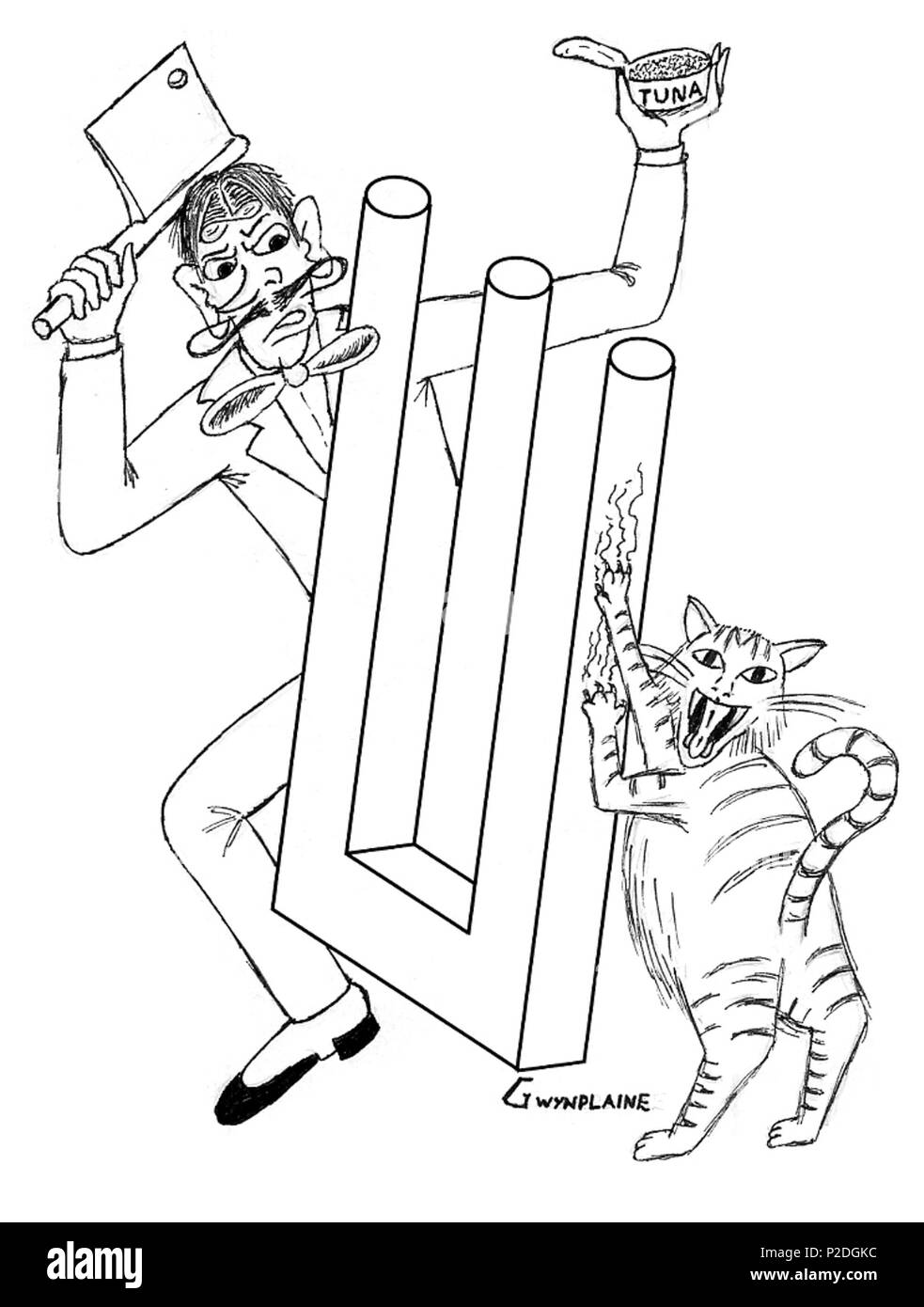 . Englisch: Dieses Kunstwerk von F. Gwynplaine Macintyre, ursprünglich in der Analogen Magazin veröffentlicht, stellt die Wissenschaft - macintyre's Fiction Geschichte chrödinger Cat-Sitter'. Die Katze nimmt eine quantum Superposition relativ zur tined Objekt, dass gleichzeitig vor und hinter dem Objekt, das sich in einem Quantum Superposition, weil es gleichzeitig ein Quadrat ist - umrandete Objekt mit zwei Zinken und einem runden Objekt mit drei Zinken. . F. Gwynplaine Macintyre 51 SchroCat Stockfoto