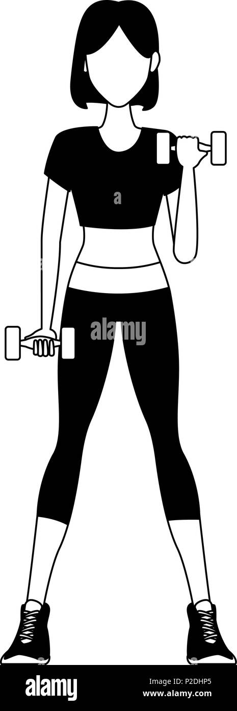 Fitness Frau Karikatur in Schwarz und Weiß Stock Vektor