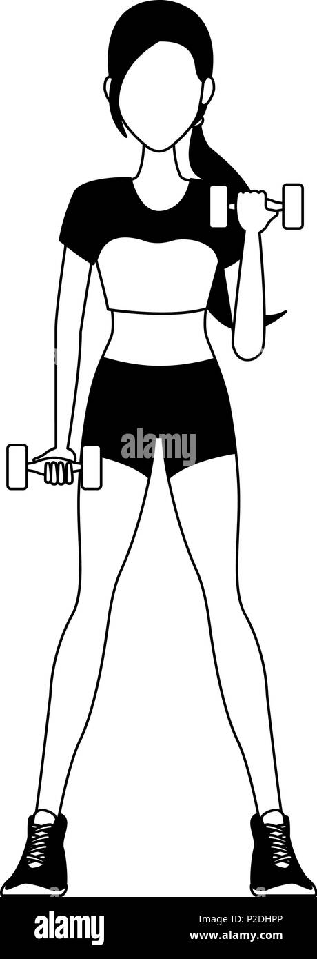 Fitness Frau Karikatur in Schwarz und Weiß Stock Vektor