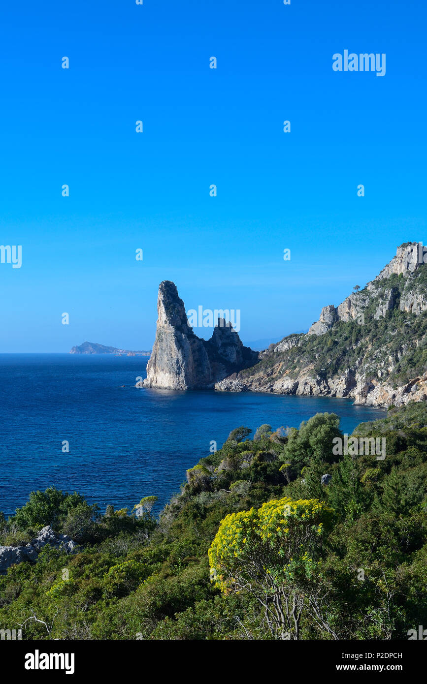 Rock-Nadel in der Nähe von Pedra Longa, Santa Maria Navarrese im Hintergrund, Selvaggio Blu, Sardinien, Italien, Europa Stockfoto