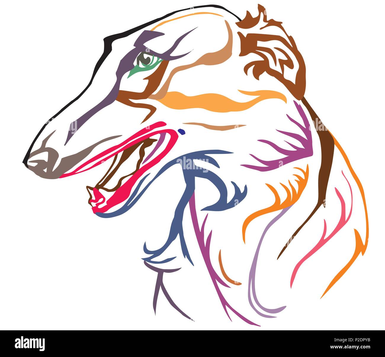 Bunt dekorativ Portrait im Profil von Hund Russische Wolfshund, Vector Illustration in verschiedenen Farben auf weißem Hintergrund Stock Vektor