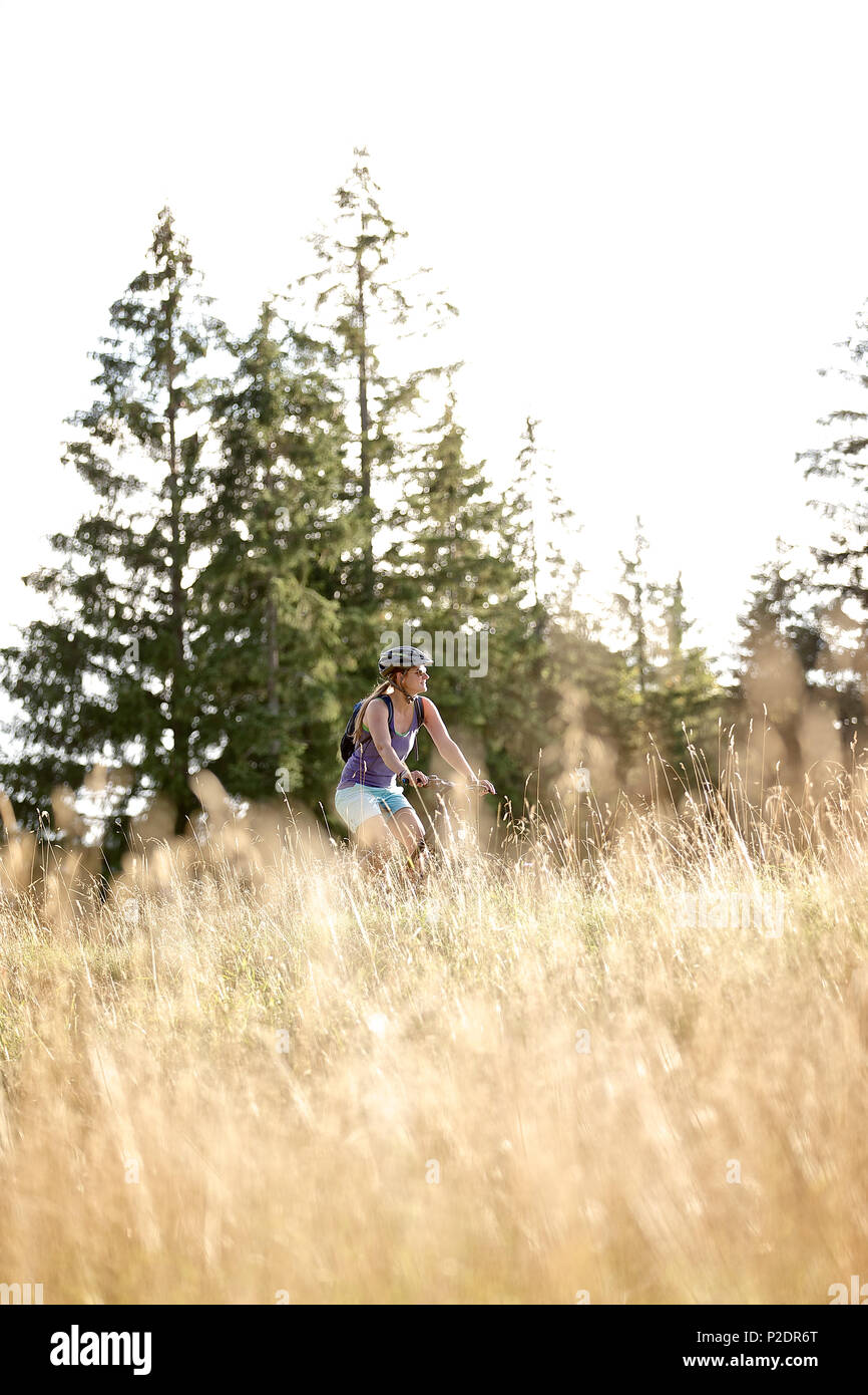 Junge Frau reiten ihr Fahrrad in der Nähe einer Wiese an einem sonnigen Tag, Tannheimer Tal, Tirol, Österreich Stockfoto