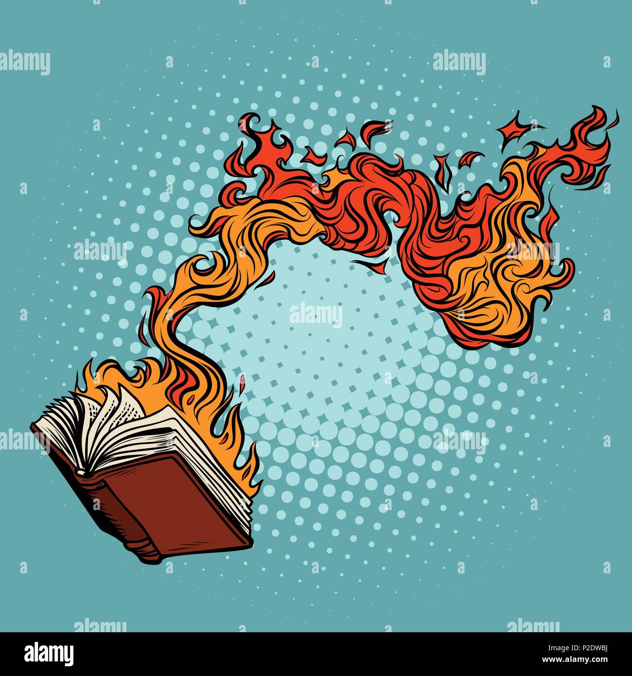 Das Buch brennt. Zerstörung von Wissen und Kultur. Comic cartoon Pop Art retro Vektor illustration Zeichnung Stock Vektor