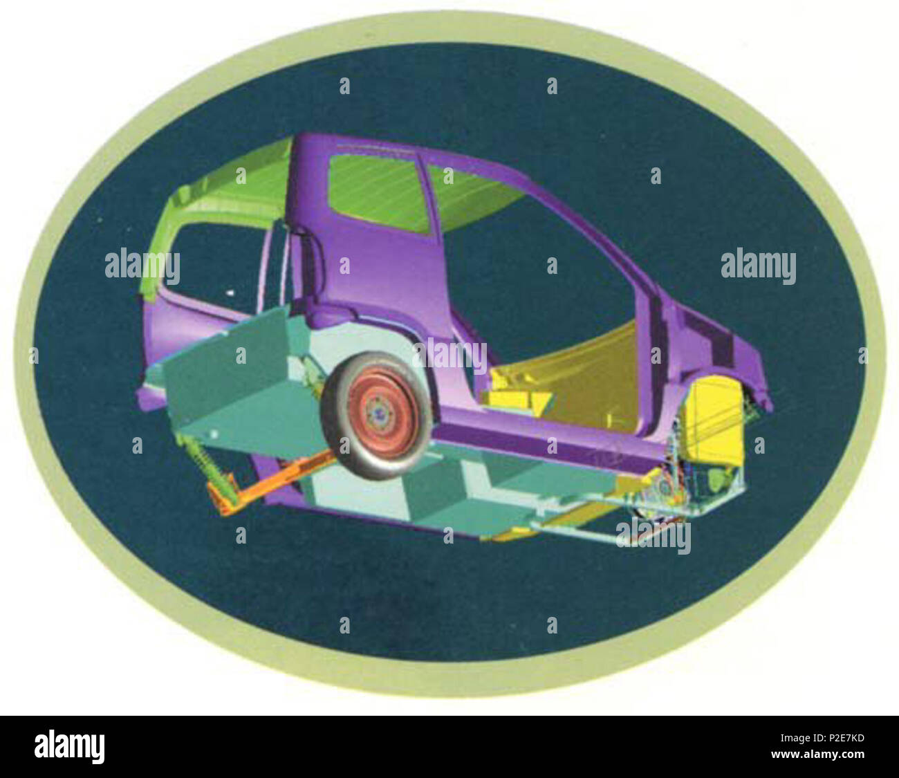 Englisch: 3D-CAD-Zeichnung eines Microcar Virgo; Teile werden entfernt, um  die Achsen zu zeigen. Français: Vue DAO 3 D d'un Microcar Virgo; des Pièces  ont été enlevées pour montrer les Züge. 2003.