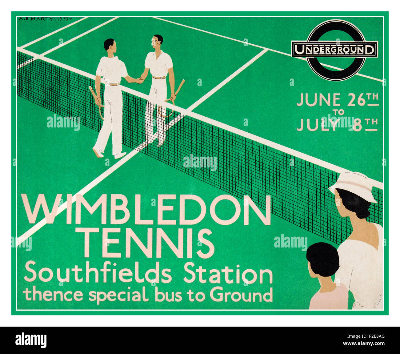 Jahrgang 1933 Wimbledon Tennis Plakat werbung Lithographie im Art déco-Stil. Künstler Andre Edouard Marty erstellt dieses Plakat für Wimbledon entspricht dem 26. Juni - 8. Juli 1933 mit Zugang von der Londoner U-Bahn über die southfields Station Stockfoto