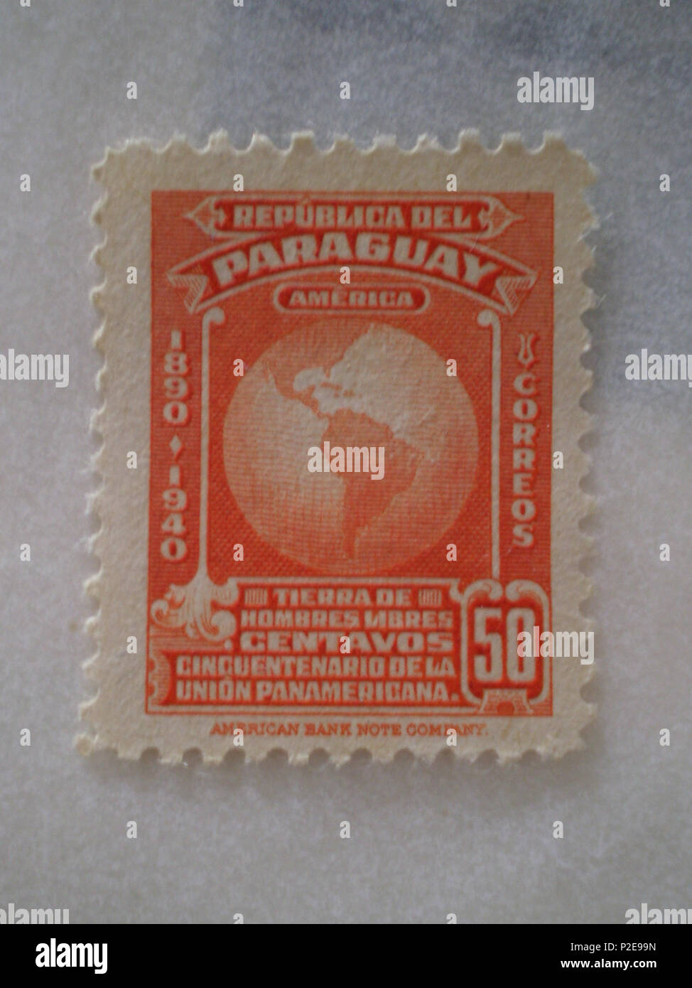 . Englisch: 50 Centimos 1940 Paraguay Stempel die Erinnerung an 50 Jahre Internationale Union der amerikanischen Republiken. Gescannte 2009-07-09. Zustand von Paraguay/American Bank Note Company 40 Paraguay 1890-1940 Stamp-50 ct Stockfoto