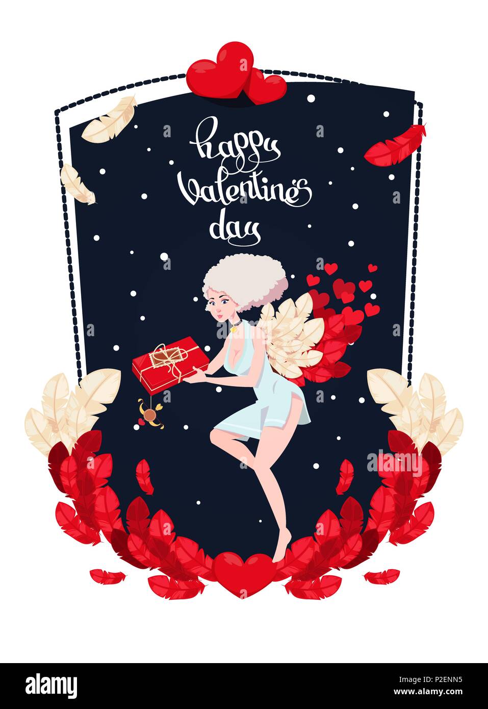 Urlaub Karte der Tag des Heiligen Valentin mit Amor Mädchen, die hält das Geschenk in das Feld ein. Vector Illustration Stock Vektor