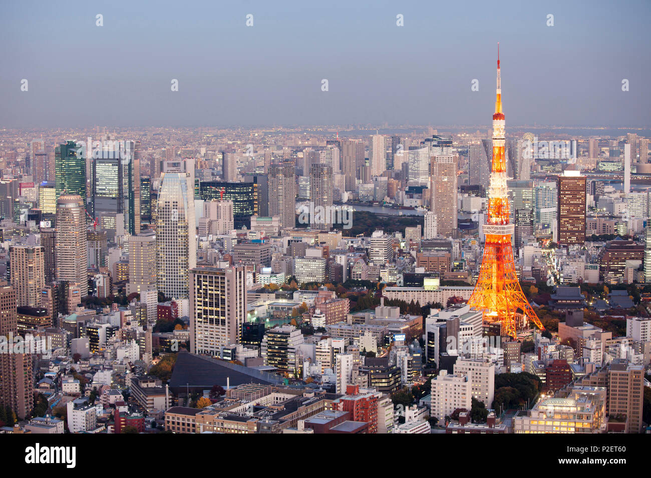 Tokyo Tower und Shimbashi von oben an der blauen Stunde gesehen, Minato-ku, Tokio, Japan Stockfoto