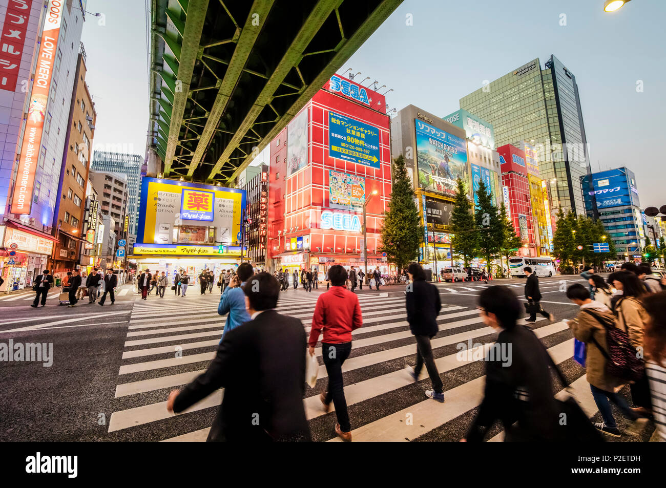 Fußgänger Chuo-Dori unter Sobu Linie in Akihabara, Chiyoda-ku, Tokyo, Japan Stockfoto