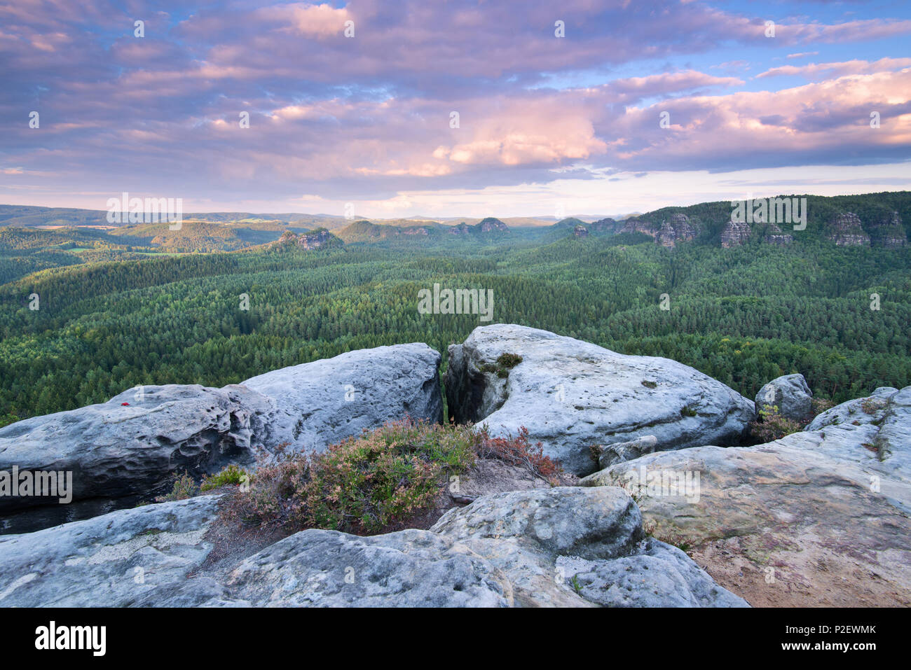 Zschand, Aussicht, die Berge, Sonnenuntergang, Sächsische Schweiz, Sachsen, Deutschland Stockfoto